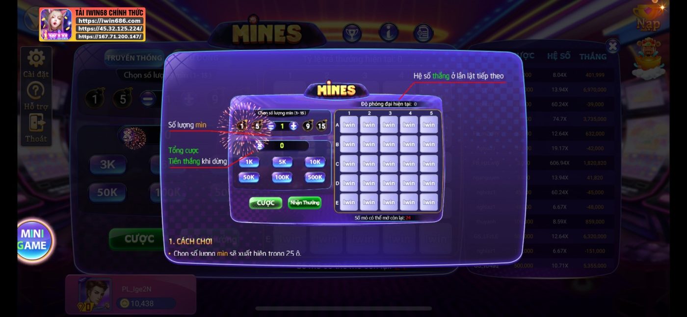 thông báo IWIN68, nhà cái IWIN68, game Mines IWIN68, game mới IWIN68, giao diện game Mines IWIN68