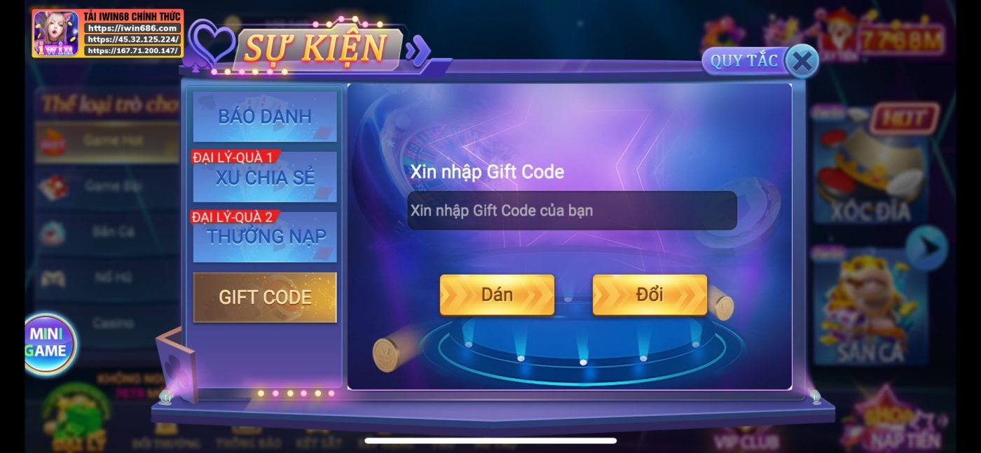 Mã giftcode IWIN68, hướng dẫn nhập code IWIN68, mã code IWIN68