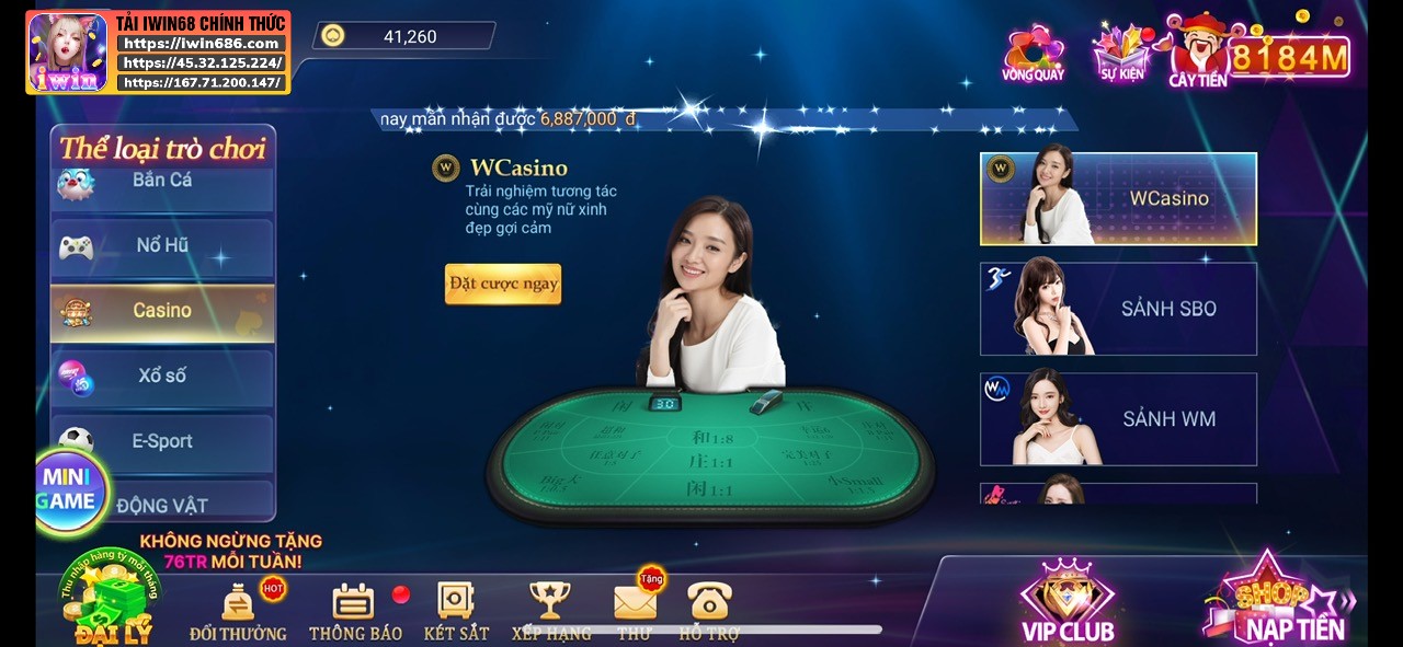 sảnh WCasino, live casino, game live casino IWIN68, sảnh WCasino IWIN68, chơi game live casino